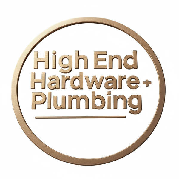 Logo for 'High End Hardware + Plumbing' with a circular border on a white background