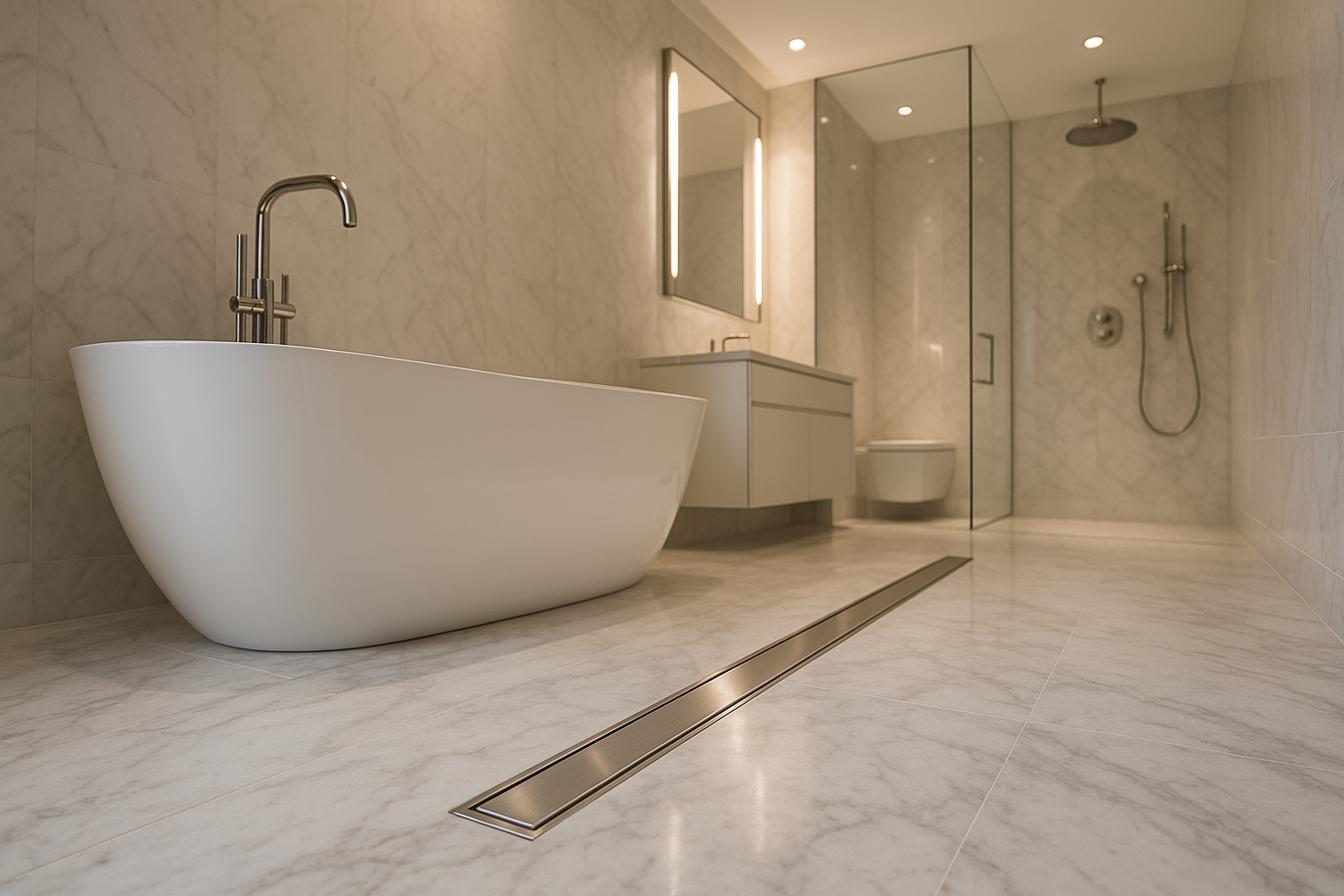 I need a picture from a expensive batroom. It needs to show a long Drain in silver and on the left sid a expensive tub in with