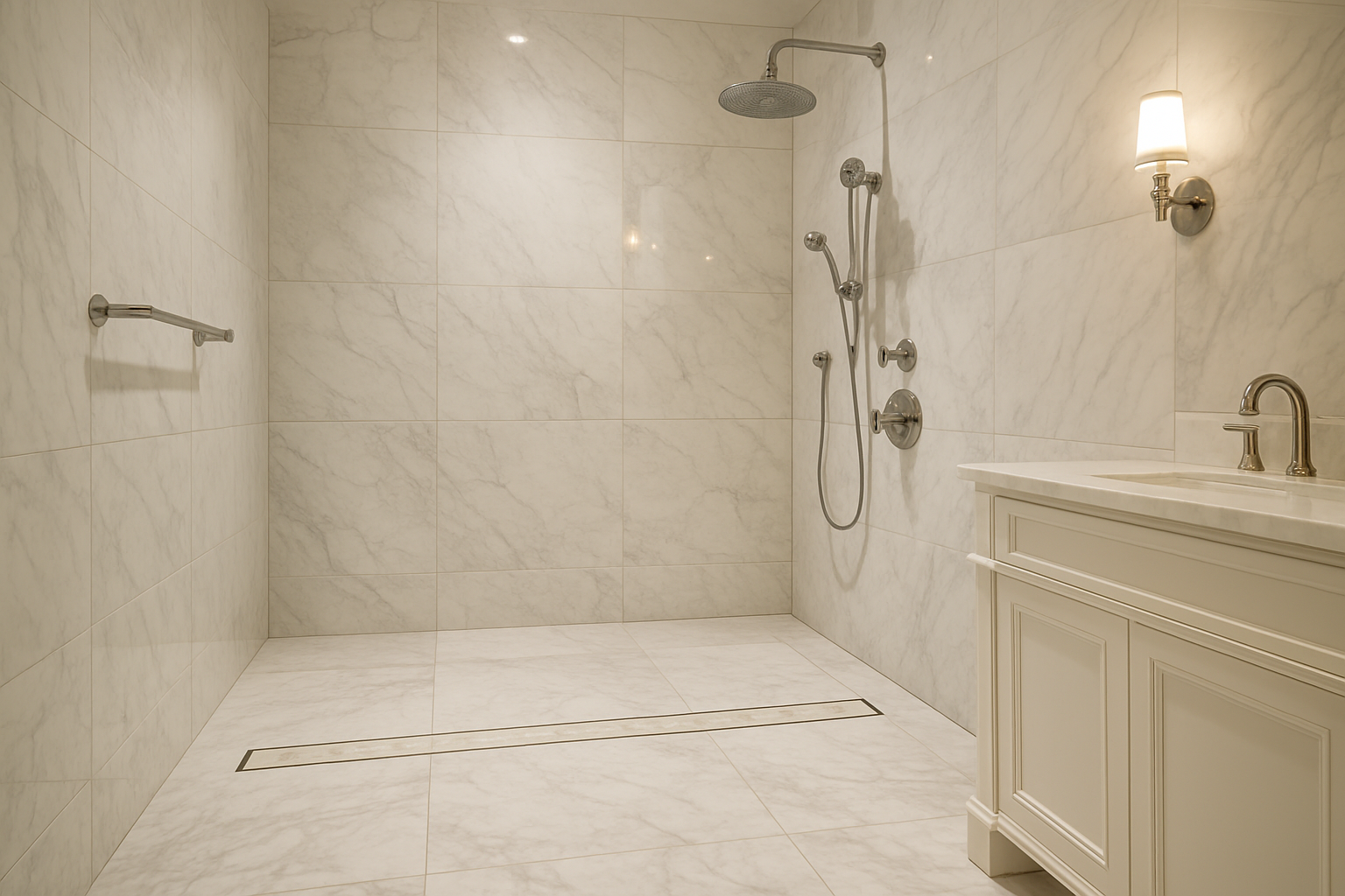 I need a picture how shows a long drain with tile insert in a expensive restroom