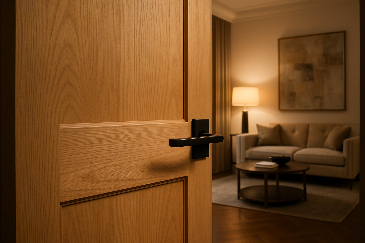 I need an image of an expensive door that is light wood and has a modern black handle. The door should be half open and reveal a luxurious room in the background.